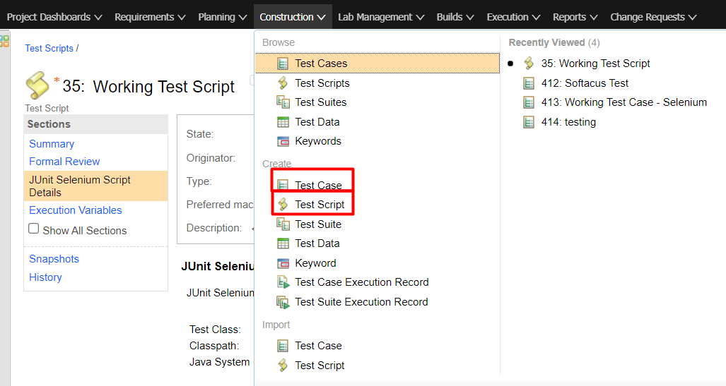 Create test case and test script in ETM